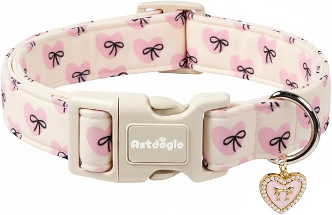 Bow Dog Collar with Pink Heart, Adjustable Cotton Dog Collar by Unknown