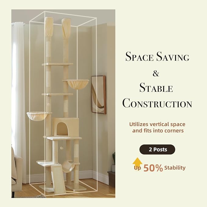 Floor to Ceiling Cat Tree Height Adjustable, Tall Cat Tower 7 Tiers Activity - Image 3