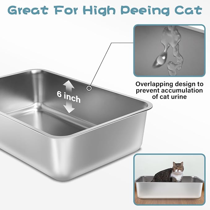 Stainless Steel Litter Box 2 Pack, 19.7"x13.7"x6" Large Metal Litter Box - Image 2
