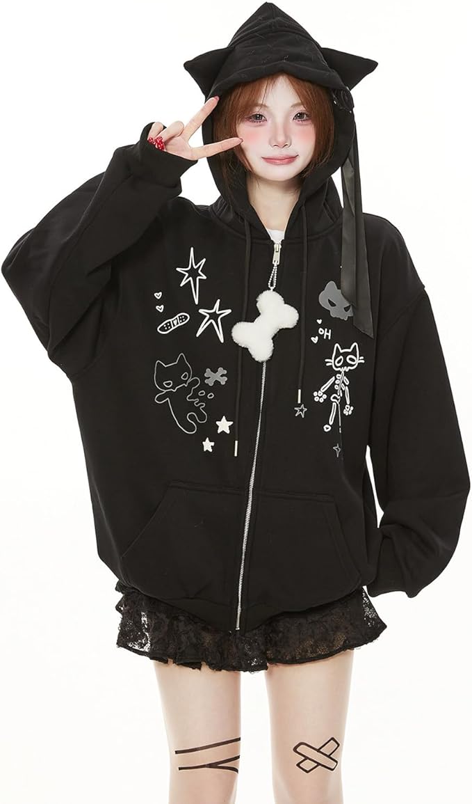 Womens Y2K Zip Up Cute Graphic Hoodies Cat Ears Casual Cartoon Harajuku Kawaii - Image 6