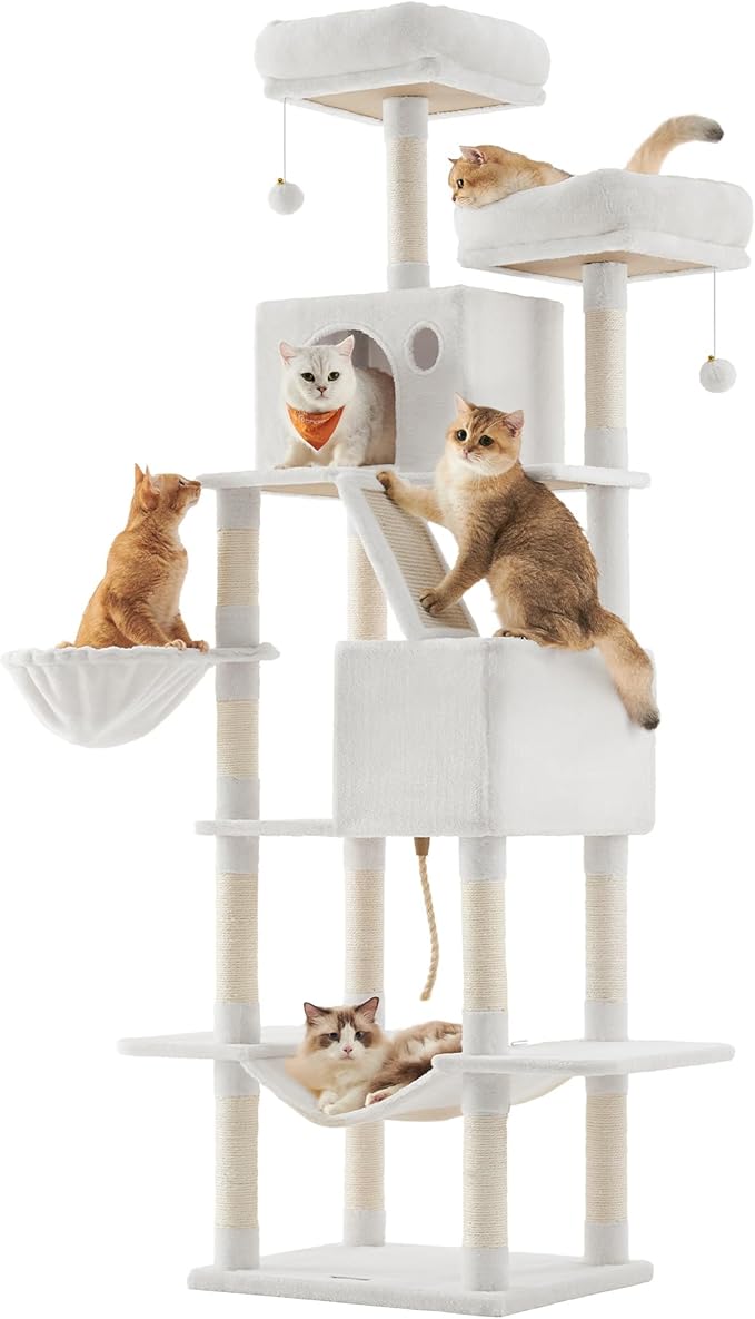 Feandrea Cat Tree, 81.1-Inch Large Cat Tower, 2 Perches, 2 Caves, Cream White by FeandreabySONGMICSHOME