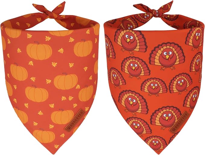 ADOGGYGO Thanksgiving Dog Bandanas 2 Pack, Reversible Pumpkin Turkey Pet Scarf by ADOGGYGO