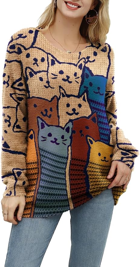 YESNO Women Christmas Sweater Graphic Printed Oversized Pullover Sweaters by YESNO