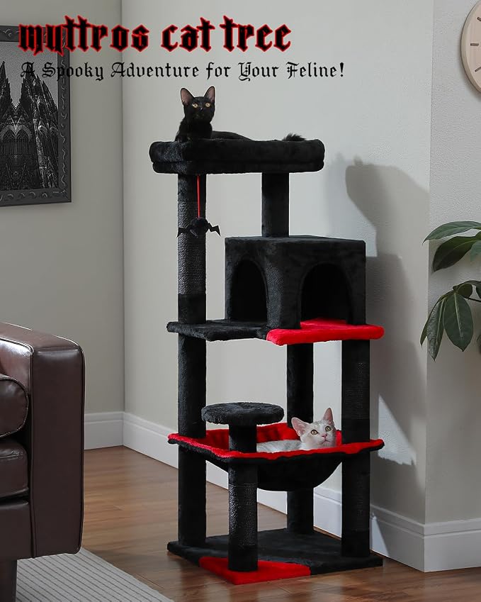 Gothic Cat Tree with Super Large Hammock, 45.7" Black Cat Tower with Coffin Bed - Image 2