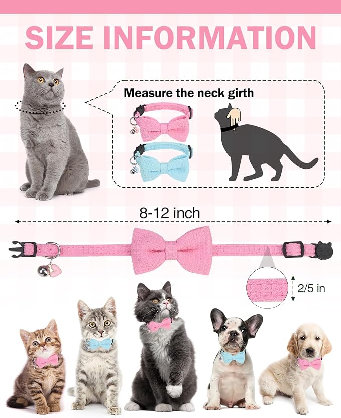 Cat Collar Breakaway with Bells, Soft Cotton Pink Cat Bowtie Collar - Image 5