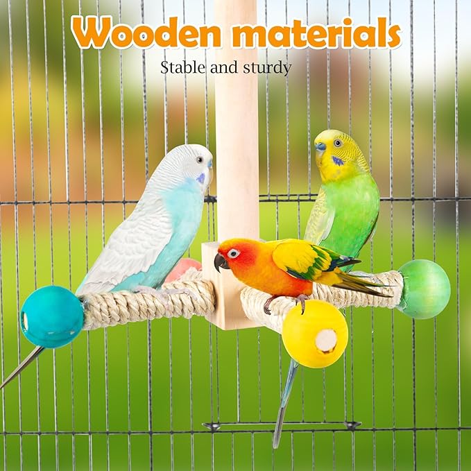 Rotating Bird Perches Toy, Interactive Spinning Parrot Parakeet Toys, Wooden - Image 4