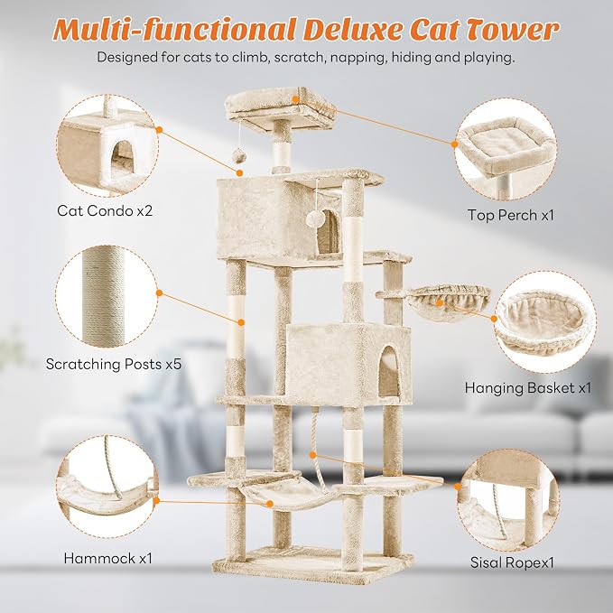Sweetcrispy 66 inch Cat Tree Tower, Large Multi Level Cat Climbing Tower - Image 2