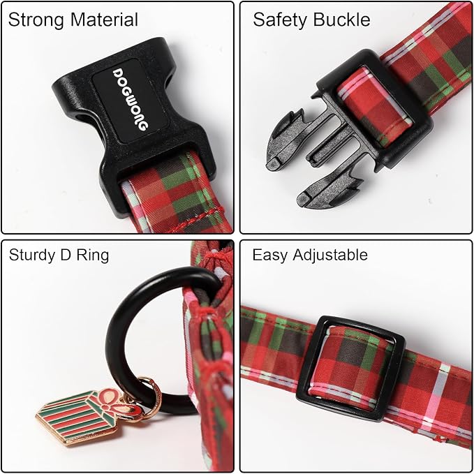 DOGWONG Christmas Plaid Dog Collar, Cute Adjustable Red Collar - Image 3