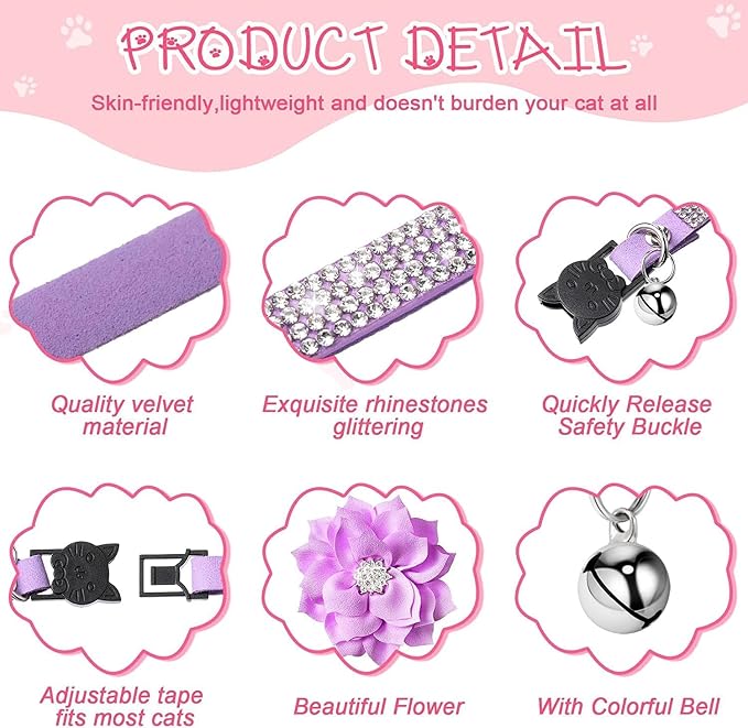 Cat Collars, Rhinestone for Girl Cats Bling Kitten Flower Adjustable Breakaway - Image 4