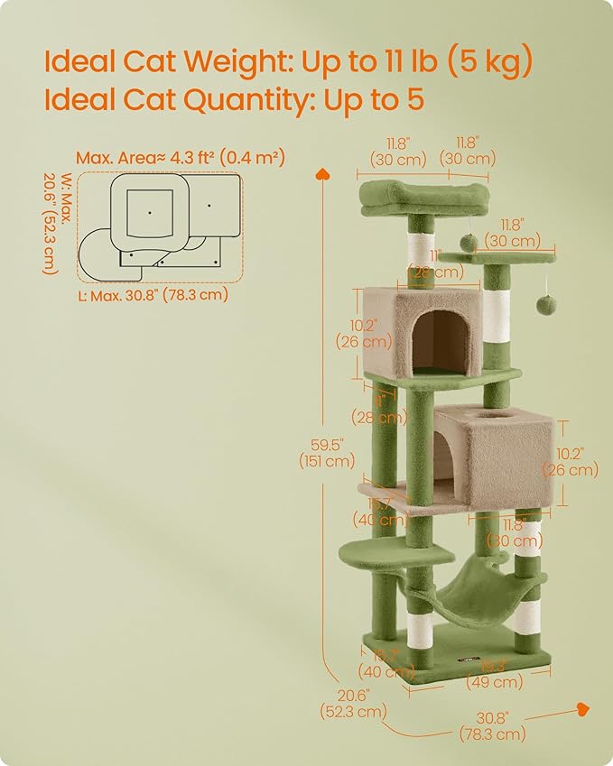 Feandrea Cat Tree, 59.5-Inch Tall Cat Tower, Plush Multi-Level Condo - Image 6