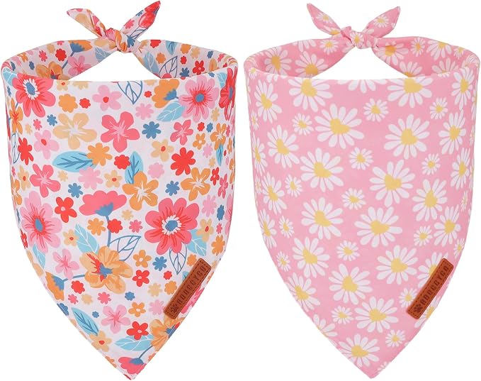ADOGGYGO Floral Dog Bandana 2 Pack, Reversible Pink Daisy Pet Scarf Bib by ADOGGYGO