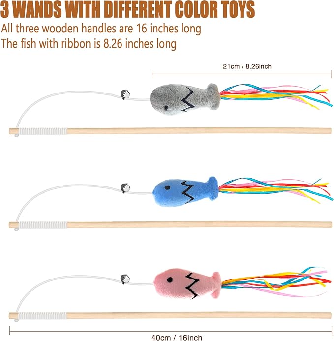 Natural Wood Cat Wand Toy with Ribbon Fish Teaser - Image 2