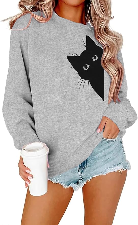 FRYAID Cat Sweatshirt Women Funny Black Cat Graphic Sweater Casual Cat Crewneck by FRYAID
