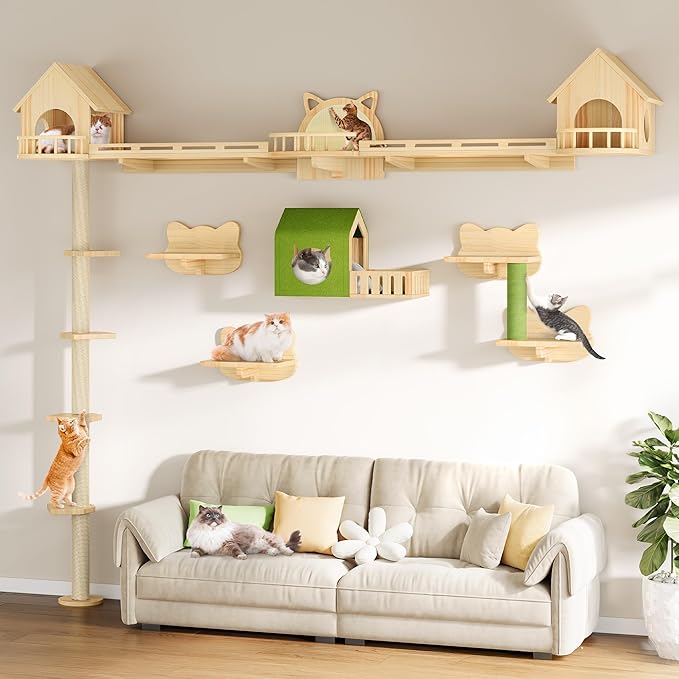 DWVO Solid Wood Cat Wall Shelves and Perches, Tall Floor to Ceiling Cat Tower w by DWVO