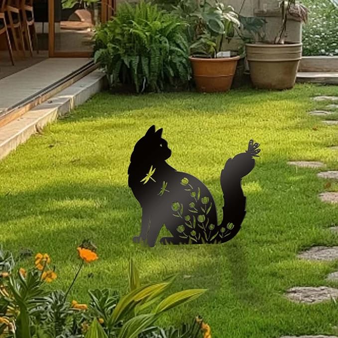 Bnesi Floral Long-Haired Cat Yard Decor Pet Grave Markers Metal Sign Silhouette - Image 6