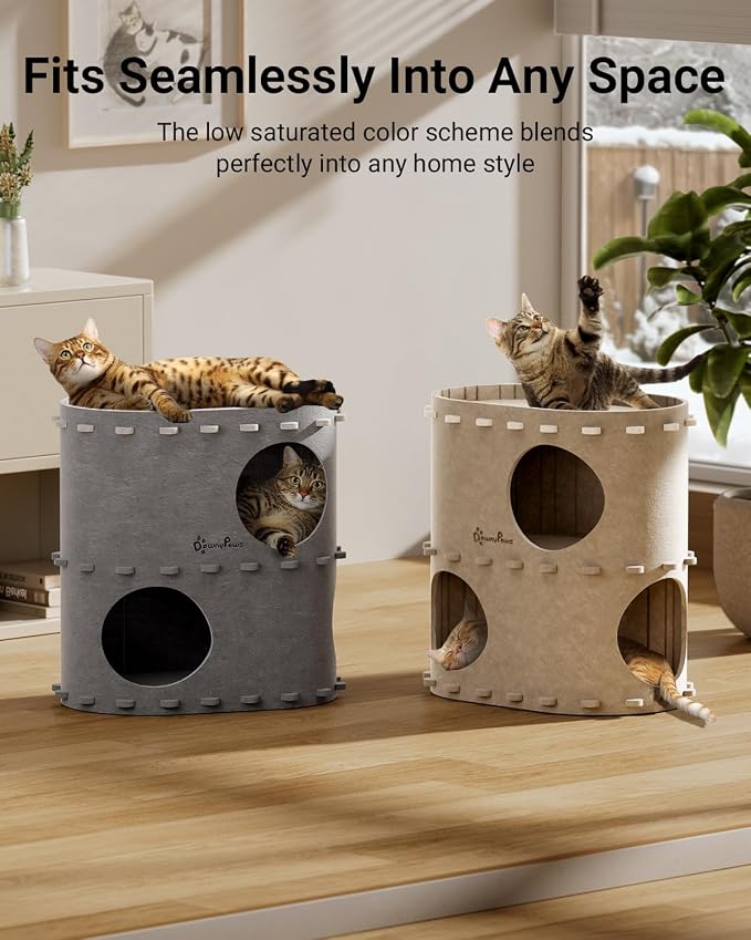 DownyPaws Cat House for Indoor Cats, 2-Storey Foldable Cat Bed Cave, Felt Cats - Image 6