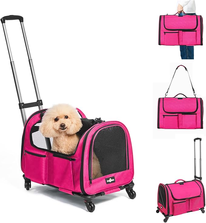 Large Pet Carrier with Wheels, Foldable Rolling Dog Carrier with Big Pocket by PAWBALLET