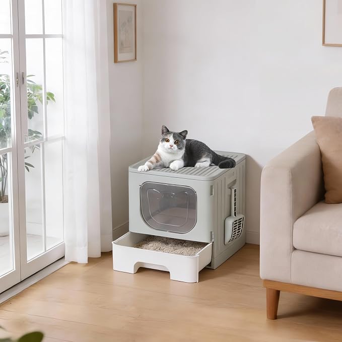 OLIXIS Cat Litter Box with Lid, Large Foldable Cat Box with Litter Scoop - Image 7