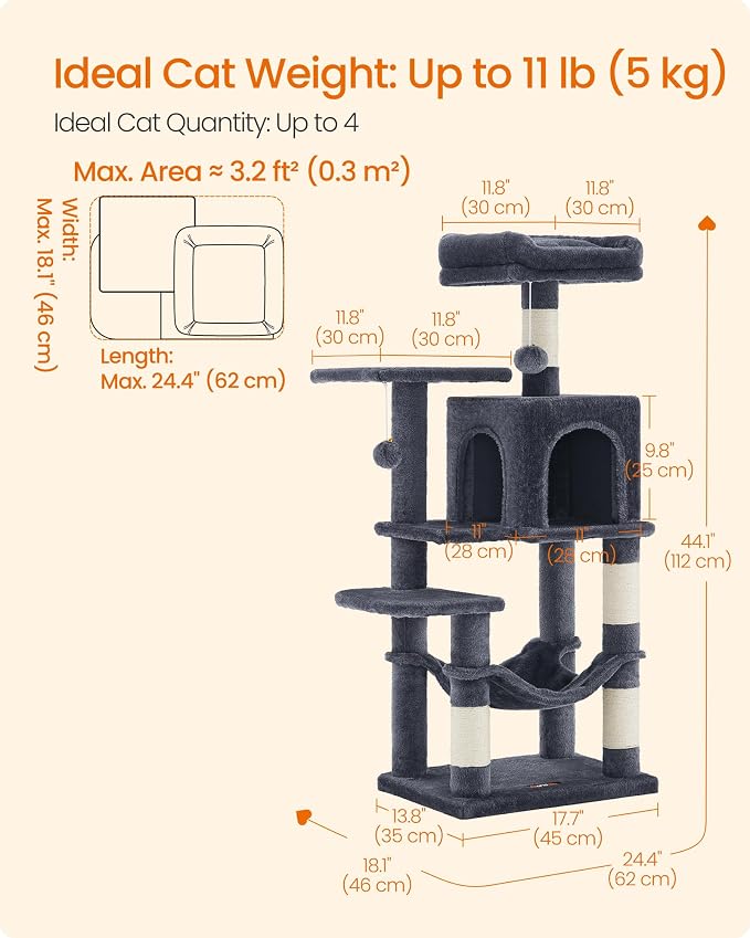 Feandrea Cat Tree, 44.1-Inch Cat Tower, Plush Multi-Level Condo - Image 5