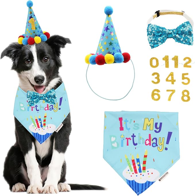 ADOGGYGO Dog Birthday Bandana Scarf and Blue Boy Pet Birthday Party Hat by ADOGGYGO