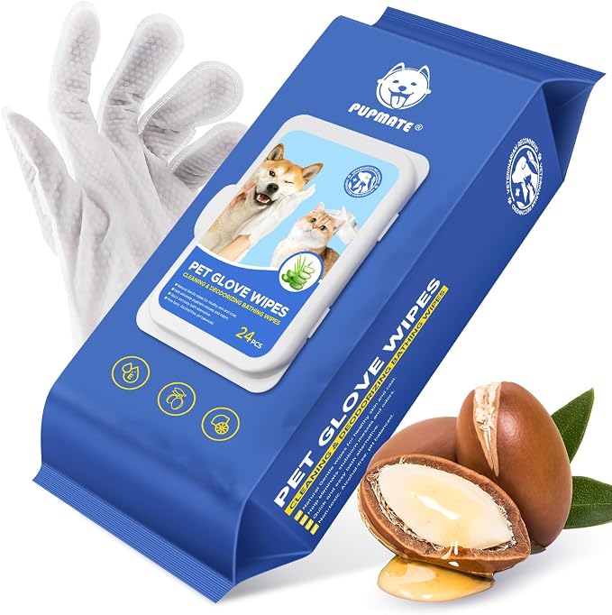 Pet Cleaning Glove Wipes for Dogs & Cats, Hypoallergenic Deodorizing Disposable by PUPMATE