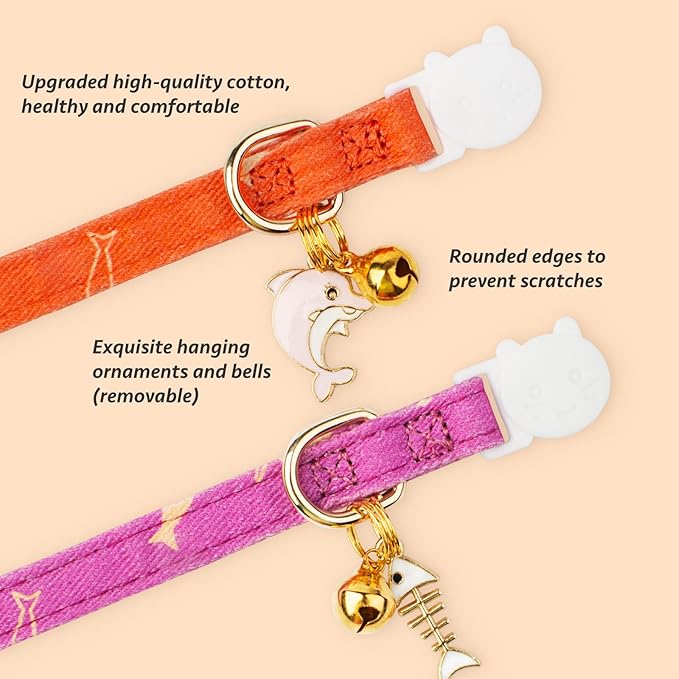 2 Pack Cotton Breakaway Cat Collar Orange and Purple Fish Pendant Cute Kitten - Image 2