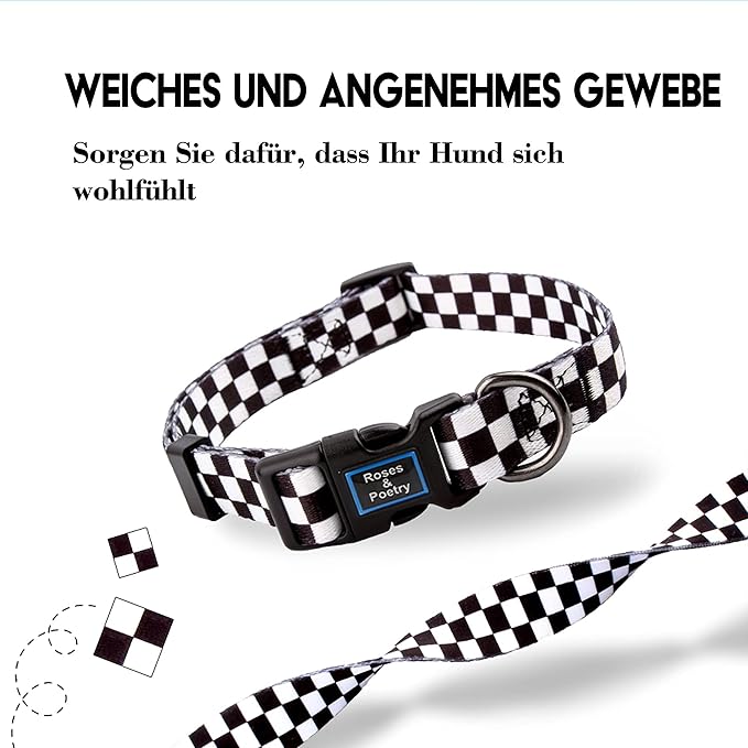 Roses&Poetry Dog Collar with Colourful Checkered Patterns, Adjustable Durable - Image 7