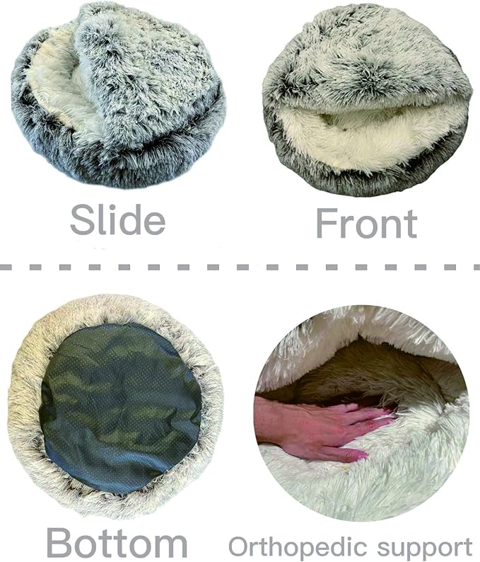 ShinHye Cat Bed Round Plush Fluffy Hooded Cat Bed Cave, Cozy - Image 7