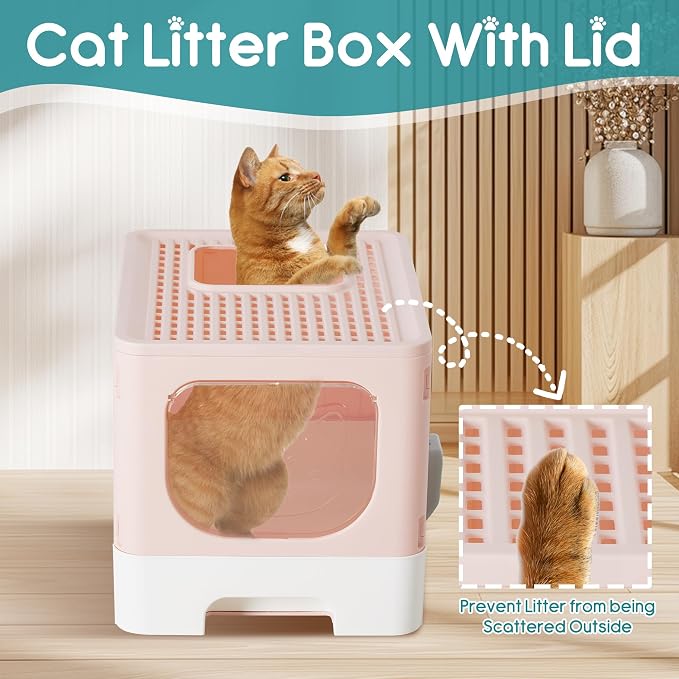 OLIXIS Cat Litter Box with Lid, Large Foldable Cat Box with Litter Scoop - Image 3