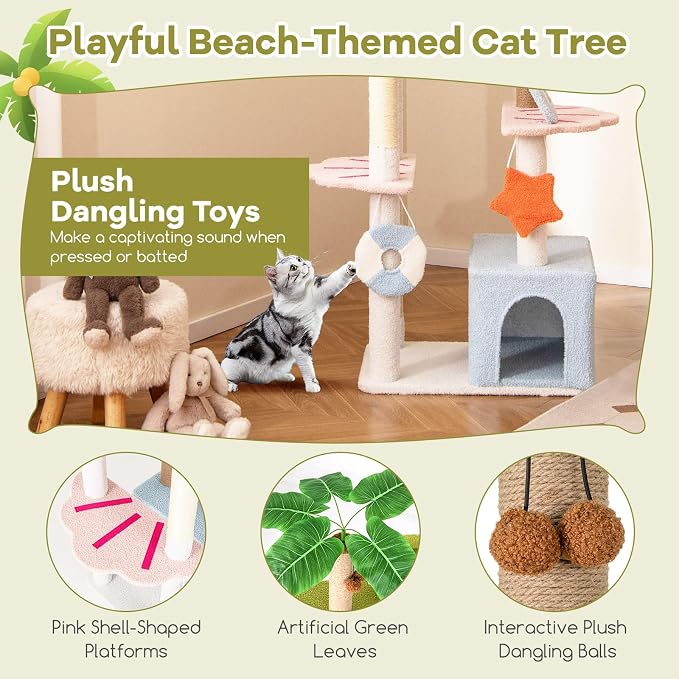 Tangkula 71 Inch Tall Cat Tree, 2 Cat Condos, Artificial Plant, Hanging Toys - Image 8