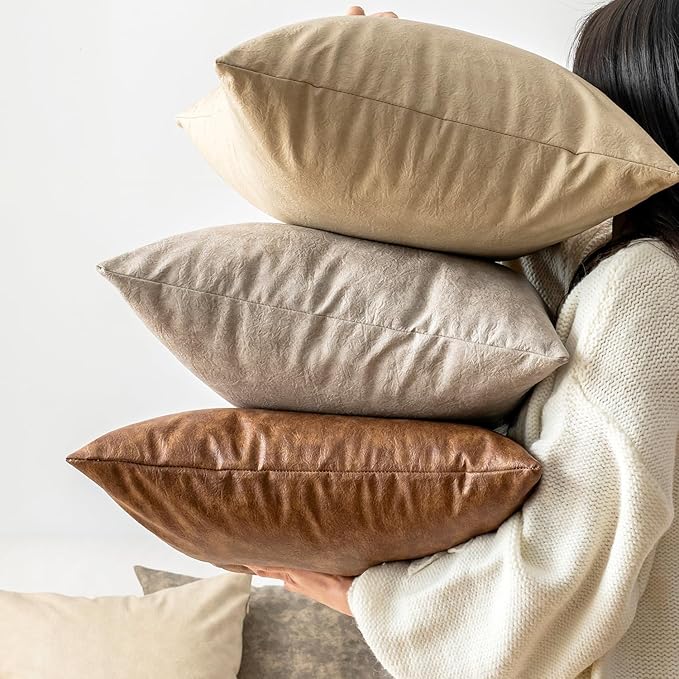 Pack of 2 Oversized Leather Pillow Cover Neutral Decorative, - Image 3
