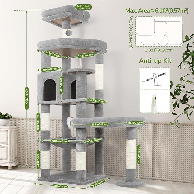 Globlazer Extra Large Platform Cat Tree, 65in Sturdy Cat Tree - Image 7