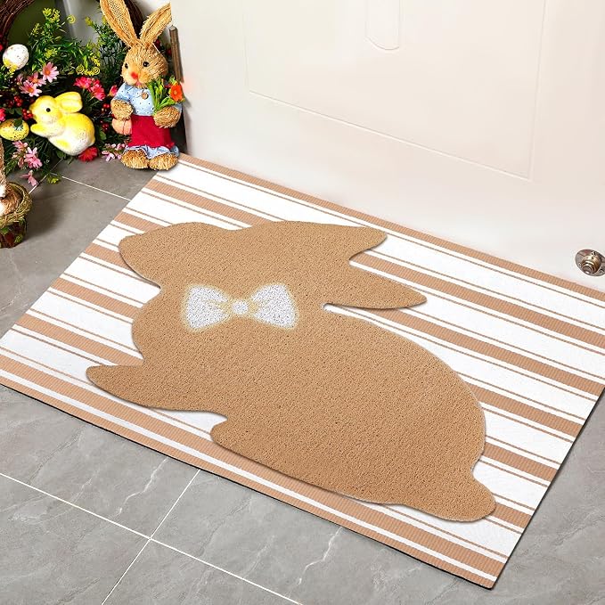 Tinideya 2 Pcs Bunny Door Mat Rabbit Welcome Non Slip Coir Mats Brown and White - Image 4