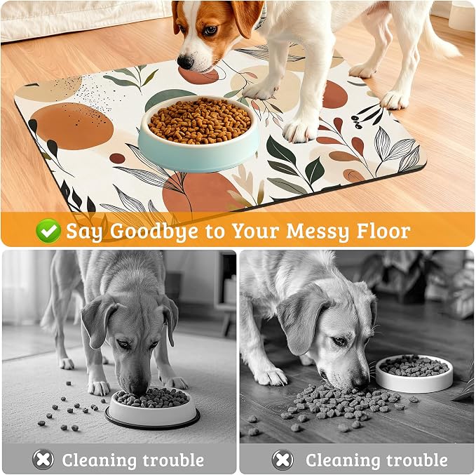 Boho Dog Cat Food Mat, Abstract Leaves Absorbent Waterproof Placemat - Image 4