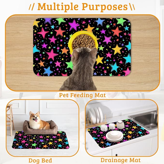 Neon Stars Dog Food Mat, Bright Colorful Absorbent Pet Feeding Mat - Image 7