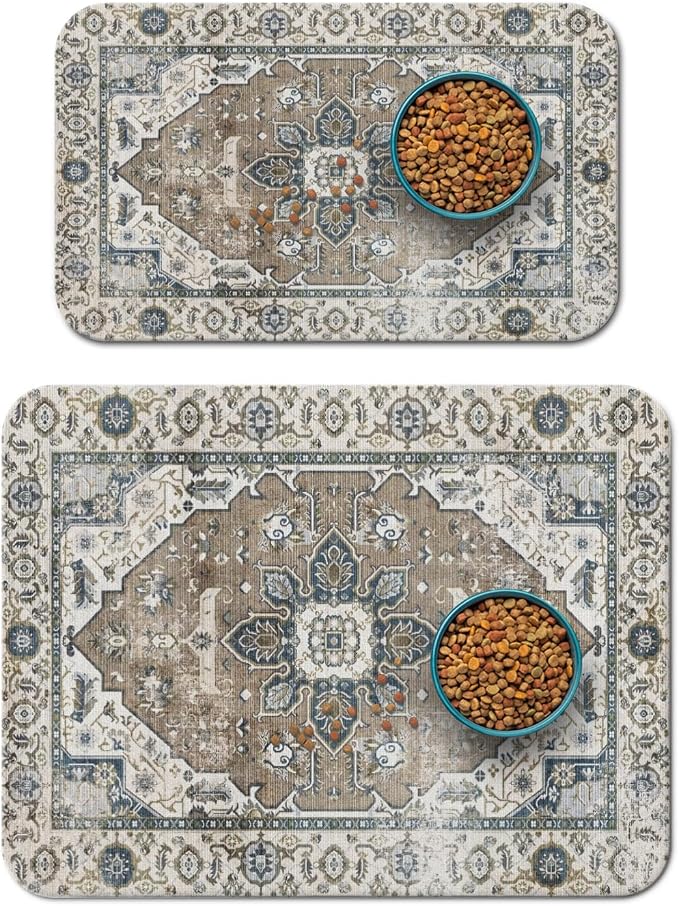 2 Pack Dog Food Mats for Floors, Absorbent and Quick-Drying Pet Cat Food Mat by QXWREL