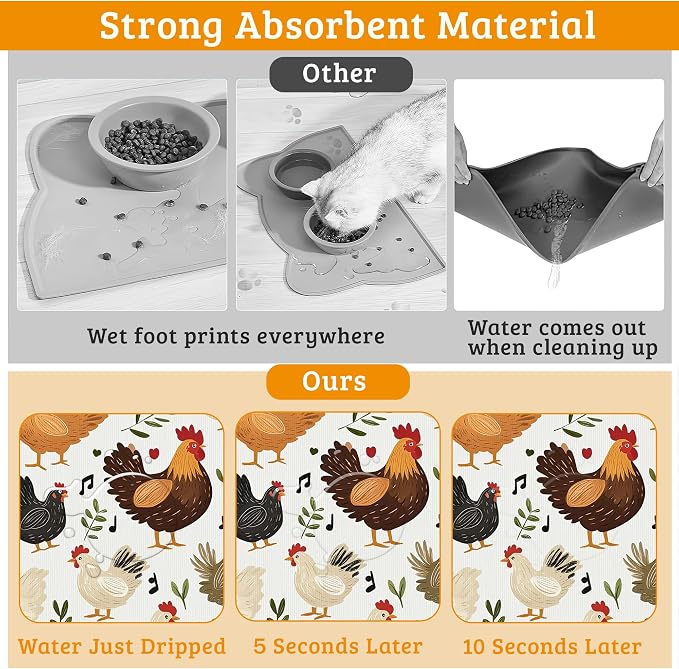 Dog Bowl Mat, Chickens Roosters Pet Feeding Mat - Image 3
