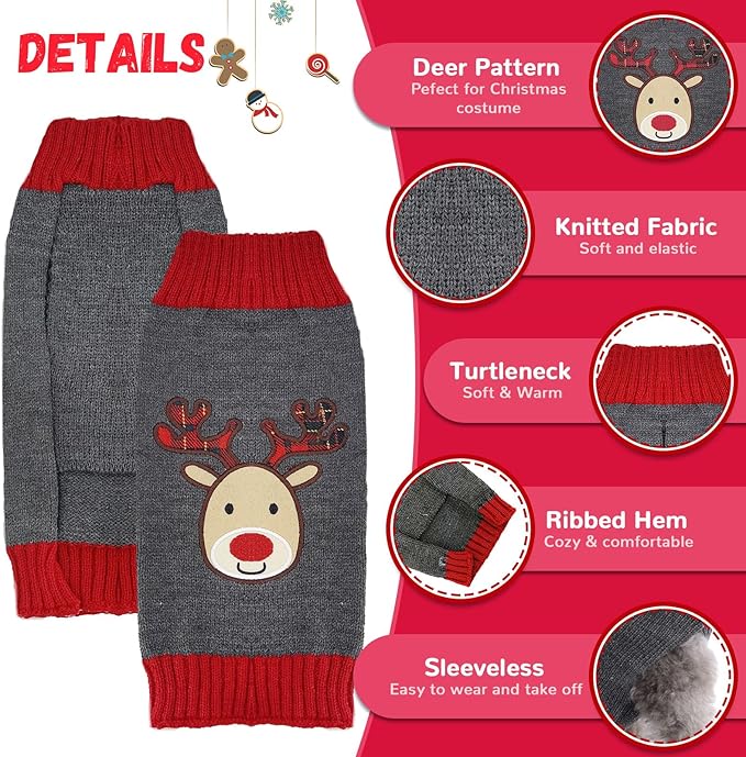 Dog Christmas Sweater Xmas Pet Clothes Cute Gray Reindeer Holiday Puppy Cat - Image 4