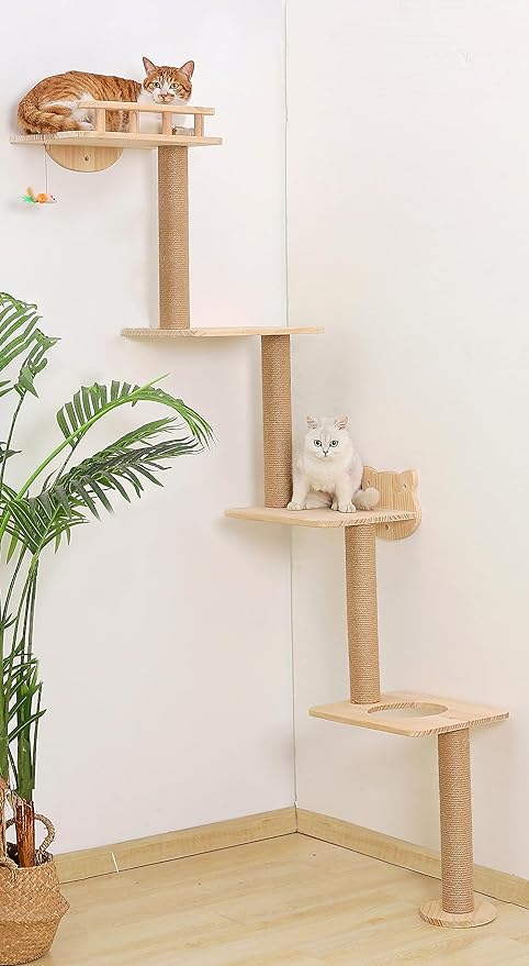Cat Tree Wall Mounted with 4 Levels Shelves, Perching and Lounging by Caloreduce