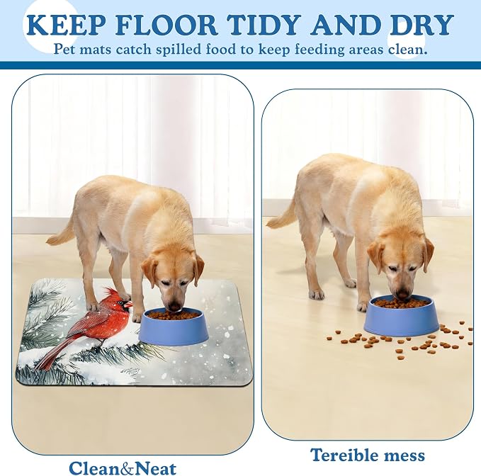 Cardinal Bird Dog Food Mat–Chirstmas Snow Absorbent Quick Dry Feeding Placemat - Image 5