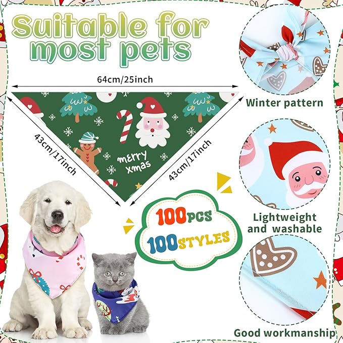 100 Pcs Christmas Dog Bandanas Bulk Pet Bibs Colorful Triangle Scarf Xmas Pet - Image 3
