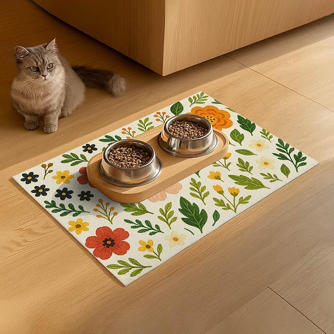 Trendy Flower Pattern Pet Feeding Mat Spill-Proof Feood Pad - Image 9