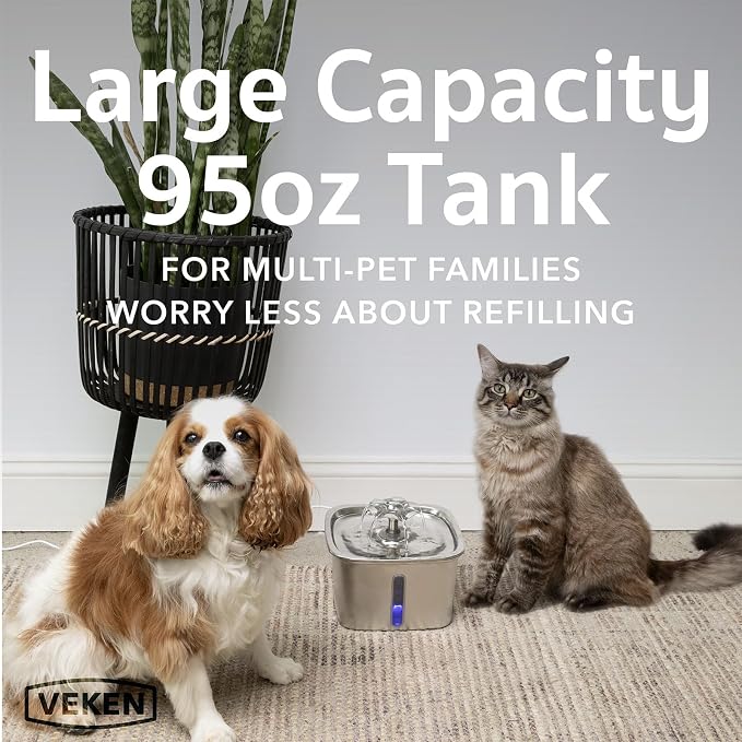 Veken Innovation Award Winner Stainless Steel Cat Water Fountain, 95oz/2.8L - Image 3