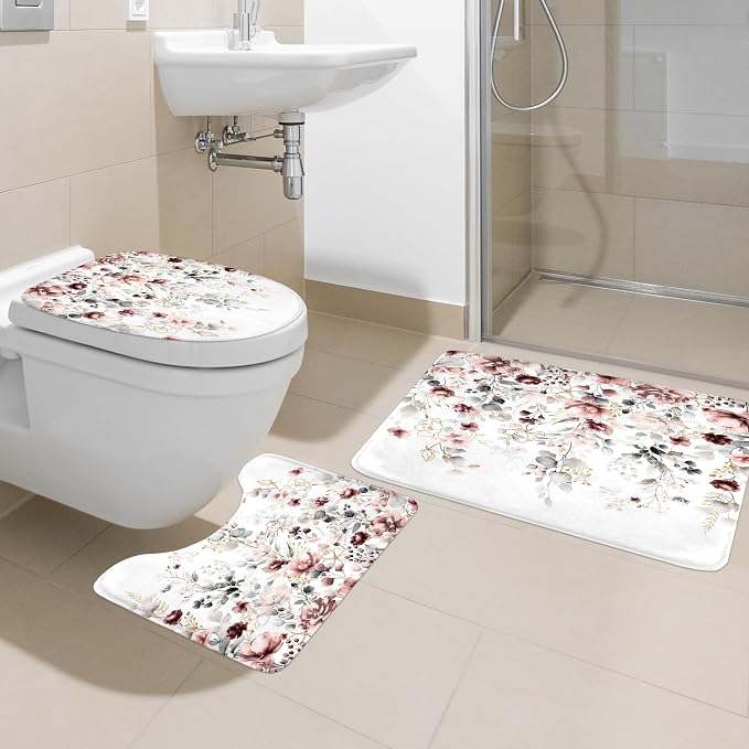 4 PCS Pink Floral Flower Shower Curtain Set 72Wx72H Inch Watercolor Pastel - Image 2