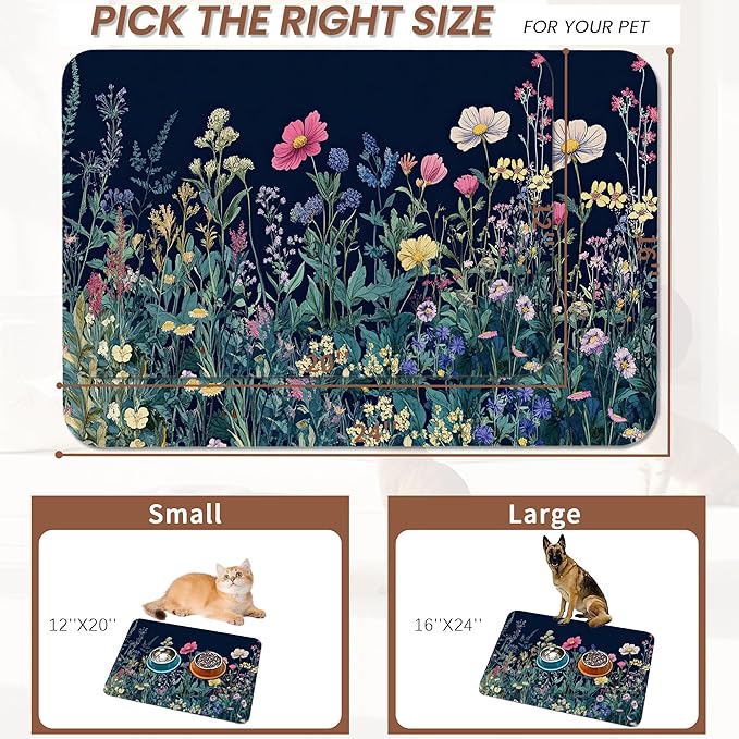 Wildflower Spring Floral Dog Cat Food Mat, Garden Flowers Absorbent Pet Feeding - Image 2