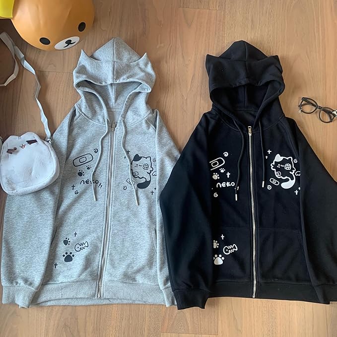 Womens Y2K Zip Up Cute Graphic Hoodies Cat Ears Casual Cartoon Harajuku Kawaii - Image 6