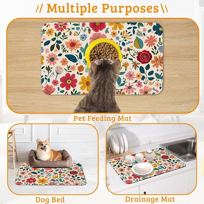 Colorful Flower Feeding Mat, Groovy Wildflowers Absorbent Quick-Dry Cat Dog - Image 7
